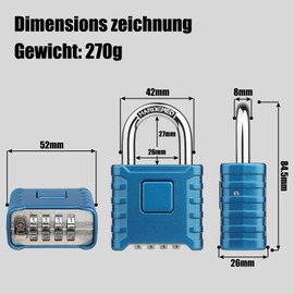 4-Digit Heavy Combination Lock, Diyife 52 mm Security Lock with 8 mm Thick Shackle, Made of 304 Stainless Steel, One Button Release, Waterproof and Anti-Theft for Yard, Fence, Garages, Gates - Blue