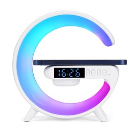 LeeNabao Mini Wireless Speaker Lamp with Alarm Clock, Wireless Charging, Atmosphere Light, Bedside Table Lamp Gifts (White)