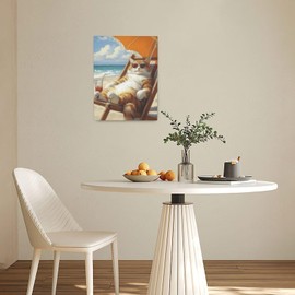 Funny Cat Beach Wall Art Cute Cat Ocean Canvas Wall Decor Coastal Kitten Pictures Paintings Prints Seaside Artwork Framed Seascape Decorations For Bathroom Bedroom Living Room Office Gifts 12" x 16"