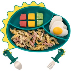 NICINGU Suction Plates for Baby,Silicone Toddler Plates with Stainless Steel Spoon Fork set Divided Dinosaurs Plates Self Feeding Training Baby Dinner Plate-Blue Dinosaurs Plate Set