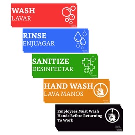 Wash Rinse Sanitize Sink Labels With Wash Hands Sign (12 Labels - 2 Sets, 7.3x2.5 in) - Ideal for Restaurants, Food Trucks, 3 Compartment Sink, Commercial Kitchens