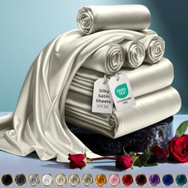 DECOLURE Satin Sheet Queen Set 6pcs - Genuine & Luxurious Silk Feel Sheets Queen w/Deep Pocket - Elegant All-Season Satin Silky Soft Queen Size Satin Bed Sheets - Comfy Satin Sheets Set (Ivory)