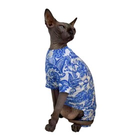 Sphynx Cat Four Leg Cotton Pajamas Elastic Pet Clothes for Hairless Cats Surgery Recovery Suit Undershirt Thermal Clothes for Sphynx, Devon, Cornish (Blue Porcelain, M)