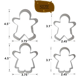 4Pcs Gingerbread Man Cookie Cutters, Size 4.5" 3.1" Ginger Boy and Girl Shaped Holiday Cookie Cutter Set, Stainless Steel Christmas Molds