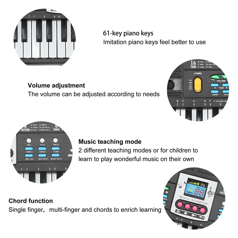 61Key Mini Electric Piano Black MultiFunctional Studio Toy with Microphone