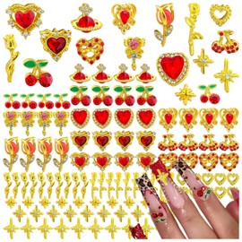104PCS Gold Nail Charms and Gems,Red Heart,Cherry,Flower,Planet,Rose,Starburst Charms for Nails Design,3D Alloy Y2k Nail Jewels Bulk Nail Art Decor Set
