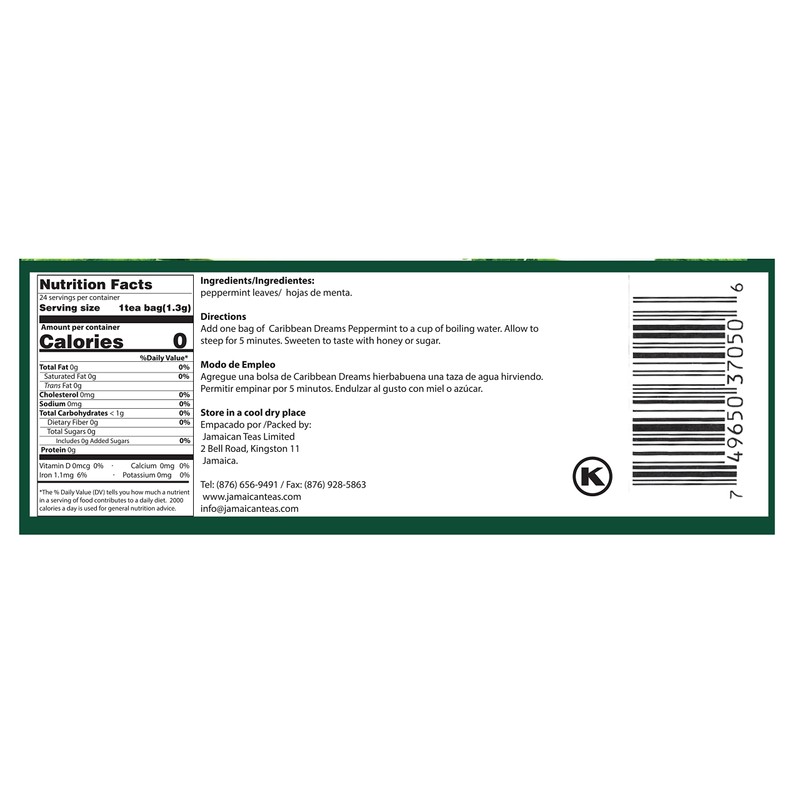 Caribbean Dreams Peppermint Tea, 24 Tea Bags, 100% Natural Peppermint