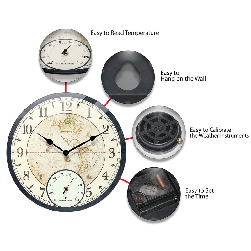 Infinity Instruments Orbis Indoor Outdoor Wall Clock and Thermometer, Traditional
