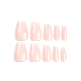 Pink Press on Nails Short Coffin Fake Nails with White French Tip Designs Pink Full Cover Glue on Nails Glossy False Nails Press ons Acrylic Stick on Nails for Women 24 Pcs