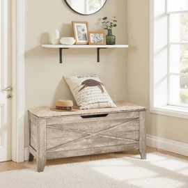 VECELO 43.3" Storage Bench, Wooden Chest with Safety Hinges & Wicker-Knot Cushion, Industrial-Style Entryway Shoe Bench and Storage Trunk for Bedroom or Entryway,Light Wood