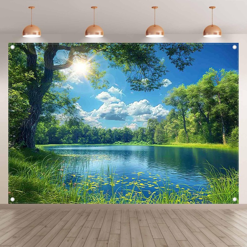 ZTHMOE Fabric 7x5ft Lake Natural Scenery Backdrop River Forest Tree