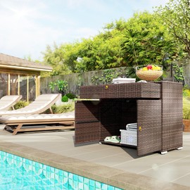 Outsunny Outdoor Storage Cabinet, Hot Tub Accessory Storage, Freestanding PE Rattan Wicker Cabinet with Drawer for Indoor, Outdoor Swimming Pool, Spa, Mixed Brown