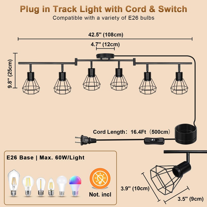 LTBLIGHT Plug in Track Lighting, 6-Light Rotatable Ceiling Light Fixture