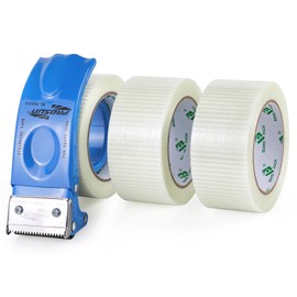 BOMEI PACK 3Rolls Filament Strapping Tape 2Inch with Dispenser, Heavy Duty Fiberglass Reinforced Packing Tape for Shipping, Cross Bi Directional Filanent Tape 2inch x 30Yds x 5.9Mil, Total 90Yds