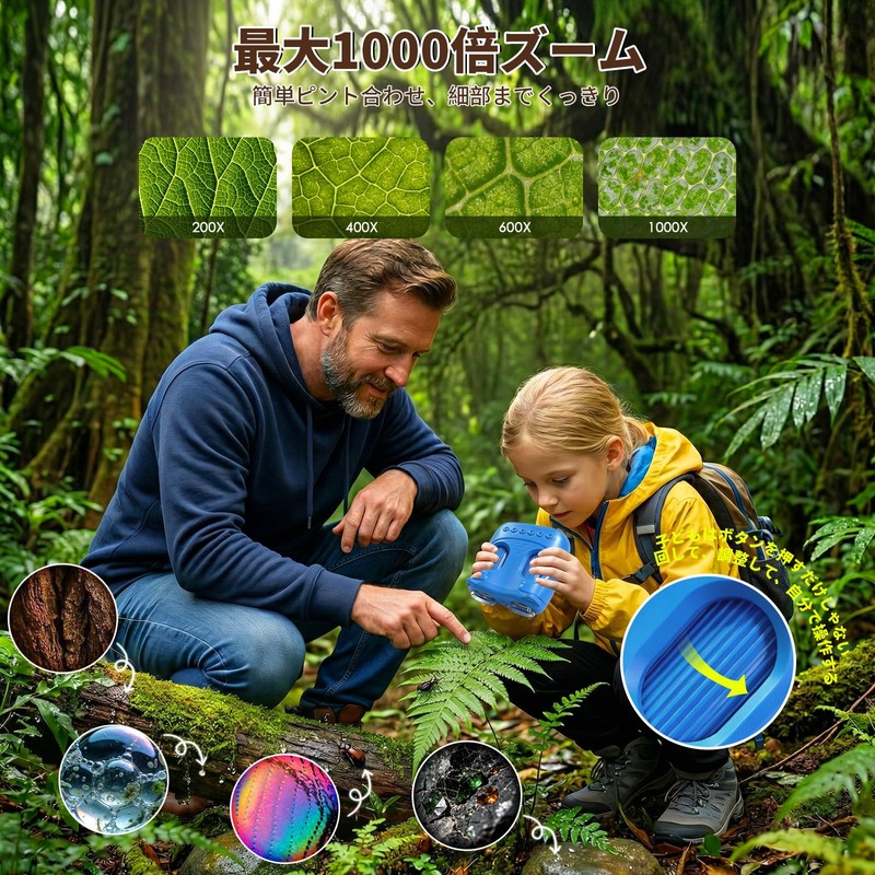 ARNSSIEN 2in1 子供用デジタル顕微鏡＆望遠鏡 1000倍 手持ち顕微鏡 1080P写真/動画撮影 STEM科学キット 誕生日プレゼント 3-12歳 男の子