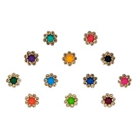 Generic Multicolor Velvet Round Bindi with Gold Stone Border Fashionable Trendy Bindi for Womens and Girls for Festive ocaasion, Small