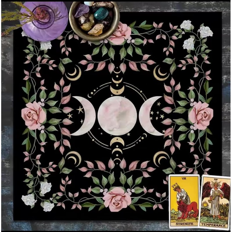 Mantel de Tarot 75x75 cm con Triple Diosa y Rosas