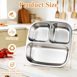 Qtencas 2 Pack Stainless Steel Snack Containers for Kids with Lid, Sauce Cups, Utensil Bag & Name Labels, Reusable 3 Compartment Snack Containers Metal Bento Box for Office Home Travel Gym