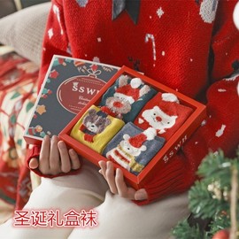 [Imported] Women's Autumn/Winter Cotton Crew Socks - New Year & Christmas Theme (LF1241) Free Size / Snowman Case 3ea
