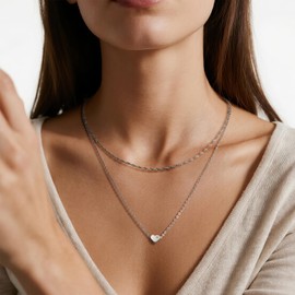 Cute Dainty Love Pendant Necklaces for Women, 18K Gold/Silver Plated Cubic Zirconia Heart Necklace, Delicate Layered Necklace Diamond Heart Necklaces Fashion Gifts for Women/Girlfriend Jewelry (Silver Layered Chain CZ)