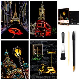 Scratch&Sketch Art Paper(A4) for Kids&Adults, Rainbow Painting Night View Scratchboard, Art&Craft, Engraving Art Set: 4 Scratch Cards & Scratch Drawing Pen, Clean Brush (Street Corner)