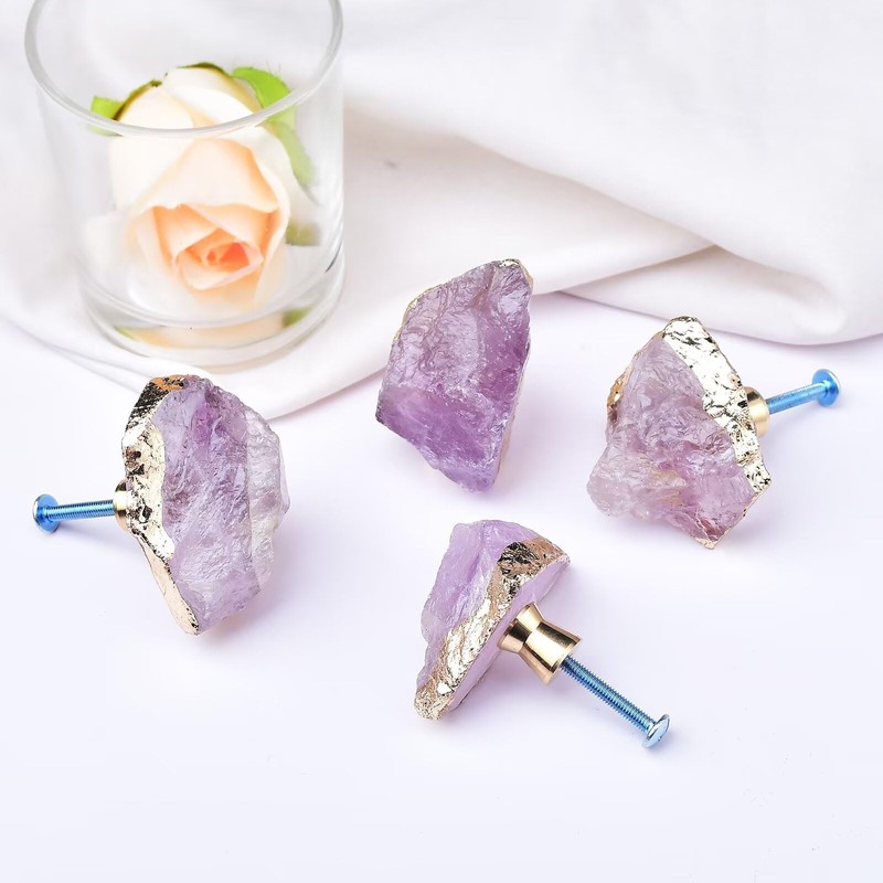 FZBHRO Amethyst Drawer Cabinet Knobs Purple Crystal Stone Knobs Handles