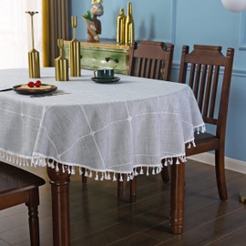 Grey Embroidery Lattice Oval Tablecloth with Tassels Heavy Duty Rustic Fabric Table Cover Wrinkle Resistant Washable Kitchen Dining Party Wedding Decoration 52 x 70 Inches