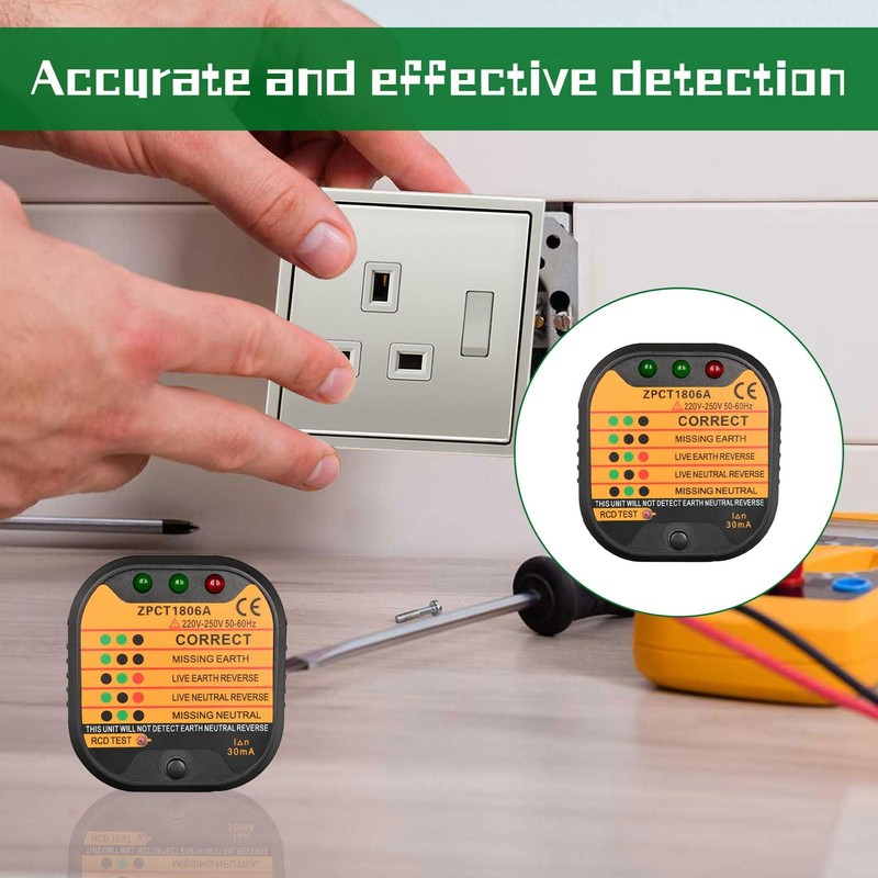 Socket Tester UK,220-250V Circuit Polarity Voltage Detector,Rcd GFCI Plug Socket