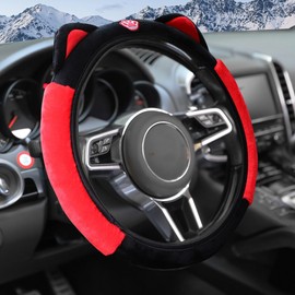 Flaconi Car Steering Wheel Cover,Steering Wheel Cover Women,Fuzzy Steering Wheel Cover Women,15 Inch Cute Wheel Cover with Cat Ears,Car Wheel Protector for Women Girls (Black Red)
