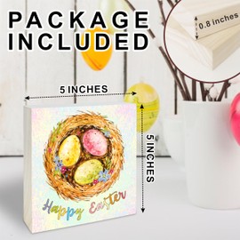 5 Inches Easter Wooden Block Sign - Colorful Bird's Nest Eggs Tabletop Decoration - Home Office Party Desk Shelf - Happy Easter -Spring Celebration Gifts & Decors For Family Friends- A07
