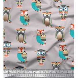 Soimoi Gray Velvet Fabric Owl Tribal Print Fabric by Yard 58 Inch Wide