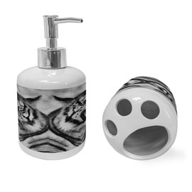 Ambesonne Savannah Soap Dispenser & Toothbrush Holder Set, Cat Expression Opposite Images Fearsome Teeth Mirror Angry Intense Wildlife, Ceramic Bathroom Toiletry Accessories, 2 Pcs, Pale Grey Black