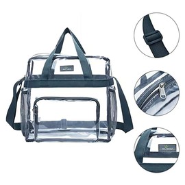 ALMLWIAJ Large Clear PVC Waterproof Tote Transparent See Through Lunch Handbag Travel Toiletry Bag with Zipper and Shoulder Strap for Women Men Work Shopping (Grey)