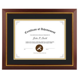 11x14 Diploma Frame Brown with Gold Trim - Display 8.5x11 Diploma with Black Over Gold Double Mat Or 11x14 Certificate without Mat - Soild Wood with Tempered Glass - Horizontal Or Vertical Display - 1 Pack