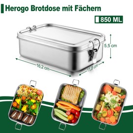 Herogo Lunch Box with Compartments, 850 ml Stainless Steel Lunch Bento Box for Children and Adults, Ideal for School, Picnic, Work, Flexible Divider & Leak-Proof