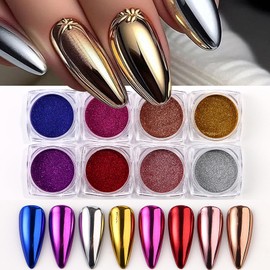 Brtavizvy 8Jars Chrome Nail Powder Metallic Mirror Effect Pigment Pearl Glitter Dip Powder Manicure Kit Nail Art Decoration Sets