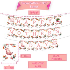 Happy Mothers Day Banner, Pink Flower Mothers Day Party Banner, Mother's Day Party Decorations Garland Banner