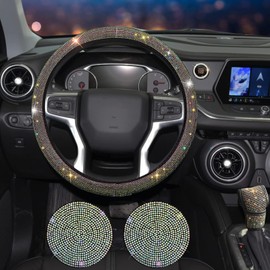 JINGSEN 11 Pcs Bling Car Accessories Set,Bling Car Accessories Set for Women,Steering Wheel Cover for Women Universal Fit 15 Inch,Rhinestone Center Console Cover(Multicolor)