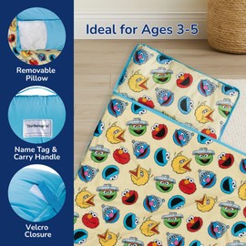 Jay Franco Toddler Nap Mat with Built-in Pillow and Blanket - Soft 46 x 20-inch Microfiber Kids Sleeping Bag for School or Sleepover, Yellow - Sesame Street