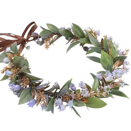 KorViSHOW Purple Flower Crown Headband - Handmade Golden Leaf Fairy Floral Headpiece with Ribbon Boho Bridal Headdress for Women Girls Renaissance Hair Accessories Wedding Vacation Festival Party