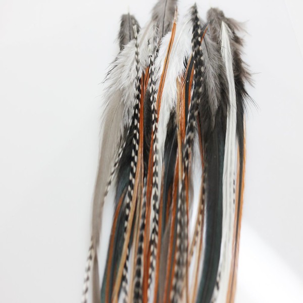 25 Loose Feather Hair Extension 8" -12" Beautiful Natural Beige & Brown Feathers for Hair Extension with 10 Beads