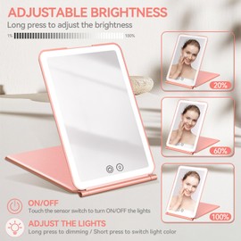 KOOKIN Travel Makeup Mirror with Lights, Lighted Makeup Mirror, Rechargeable, 3 Color Lighting, Dimmable, Compact Vanity Mirror with Lights (Rose Gold)