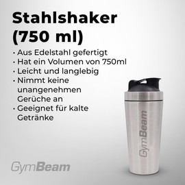 GymBeam Stainless Steel Protein Shaker 750 ml - Protein Shaker Leak-proof with Strainer, Odourless, Durable, Dishwasher Safe, BPA-Free, Grey