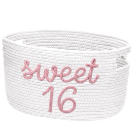 Meanplan Sweet 16 Birthday Gifts Basket with Handles 15 x 9.1 x 7.8 Inch Cotton Rope Basket Sweet 16 Birthday Gifts Stuffers Storage for 16 Teen Girl Party Room Decor