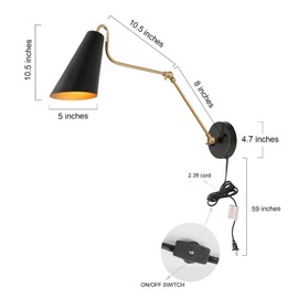 KSANA Modern Swing Arm Wall Lamp, Plug in or Hardwired Wall Sconces Lighting, Black and Gold Adjustable Light Fixture with On/Off Switch for Bedroom, Kitchen and Living Room