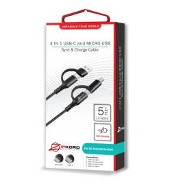 Zipkord 4 in 1 USB-C & Micro USB Sync & Charge Cable - 5ft - Black