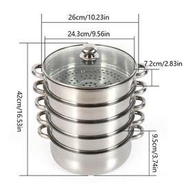 Stainless Steel Steamer, 5 Tier 26cm Steamer Cooking Steam Pot Kitchen Cookware w/Glass Lid for Home Kitchen