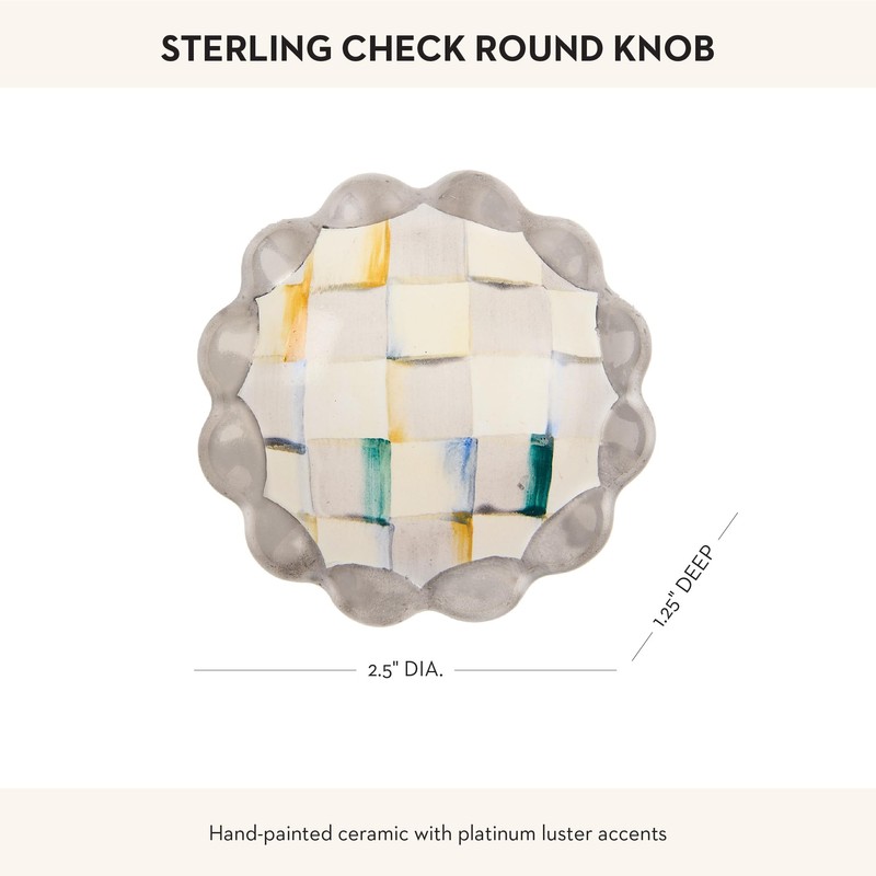 MACKENZIE-CHILDS Round Knob, Decorative Drawer Pull Knob, Gray-and-White Sterling Check