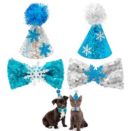 PET SHOW 4pcs Extra Small Dogs Hats and Bowties Sets Winter Snowflake Blue Silvery Adjustable Holiday Cat Mini Party Hats with Bow Ties Puppies Kittens Grooming Accessories Costumes