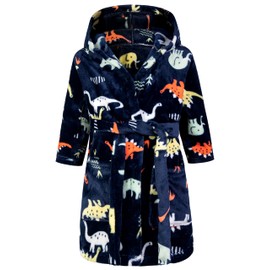 CROOUTN Kids Little Boys Girls Cartoon Hooded Bathrobe Toddler Robe Pajamas Sleepwear ((8-9Years),Black Dinosaur)